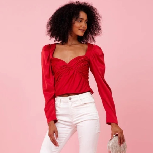Hutch Tops - HUTCH Arla Red Satin Ruched Puff Sleeve Sweetheart Blouse Top size 4